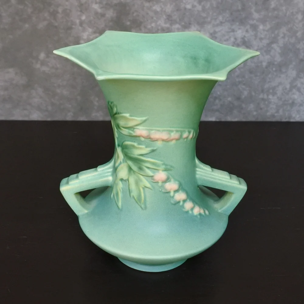 Vintage 1940s Roseville Pottery Bleeding Heart Pink Floral Green Vase 969-8 - Picture 6 of 9